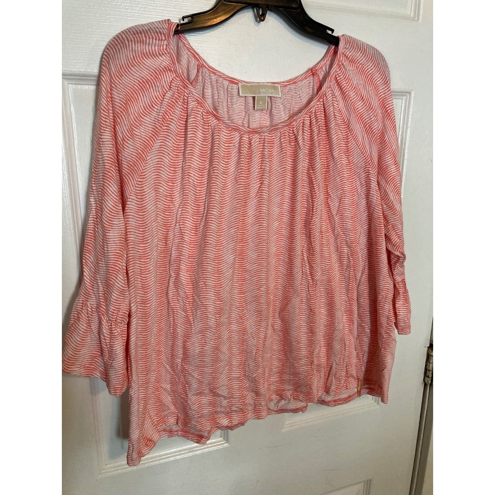 Michael Michael Kors XL Coral White Wavy Stripe Ruffle Bell Sleeve PeasantBlouse